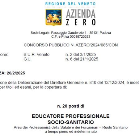 Concorso pubblico, per titoli ed esami, per n.20 posti di di EDUCATORE PROFESSIONALE SOCIO SANITARIO