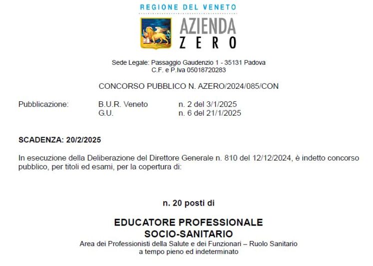 Concorso pubblico, per titoli ed esami, per n.20 posti di di EDUCATORE PROFESSIONALE SOCIO SANITARIO