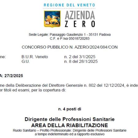 Concorso pubblico, per titoli ed esami, per n. 4 posti di Dirigente delle Professioni Sanitarie – Area della Riabilitazione