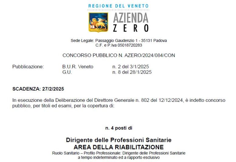 Concorso pubblico, per titoli ed esami, per n. 4 posti di Dirigente delle Professioni Sanitarie – Area della Riabilitazione